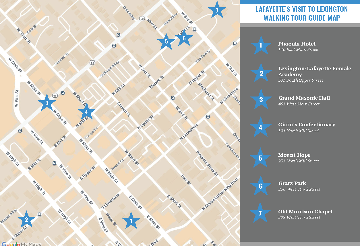 Map of downtown Lexington with blue stars representing the stops on the tour of locations Lafayette visited