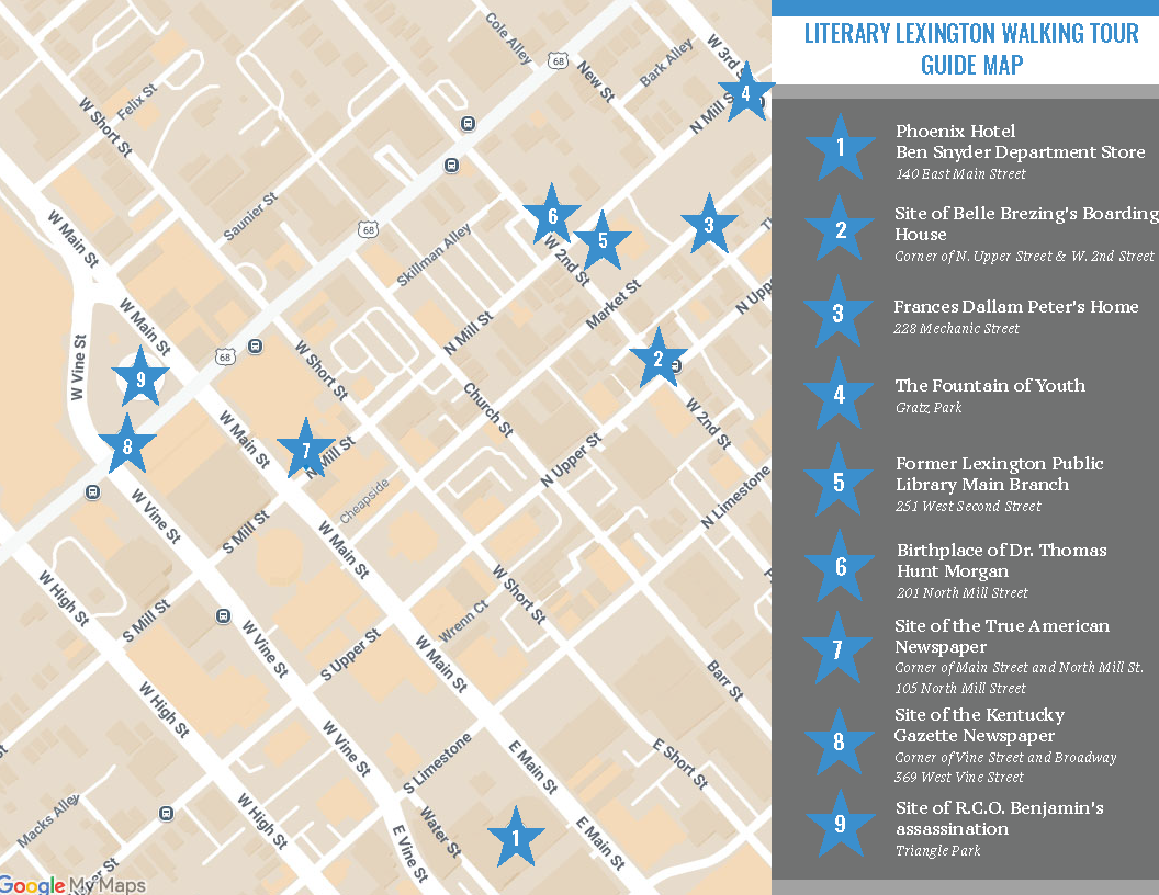 Map of downtown Lexington with blue stars representing the stops on the tour of locations important Lexington's Literary History